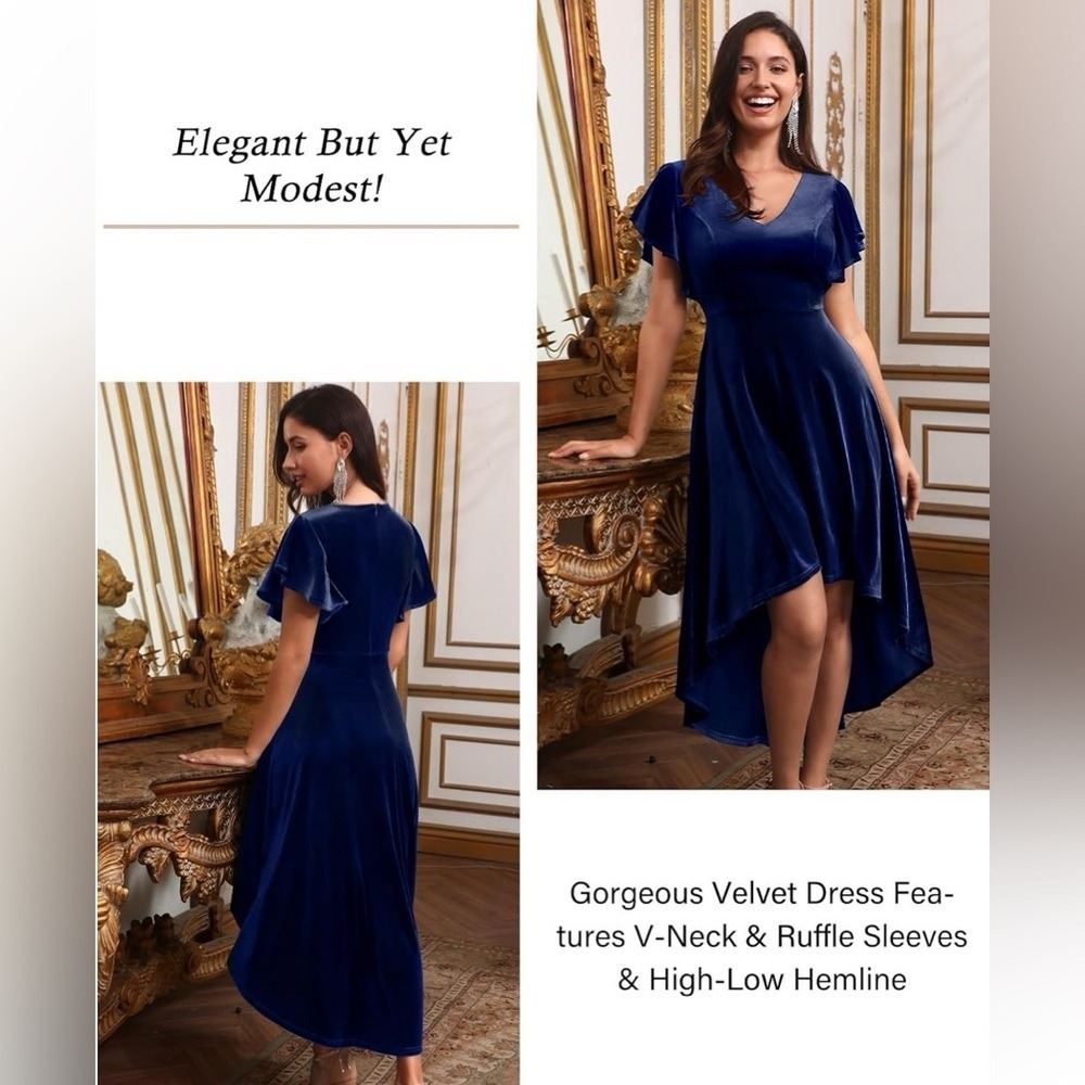 Navy Blue Velvet High-Low Ruffle Sleeve V-Neck Cocktail Dress‎ Women's Sz Large